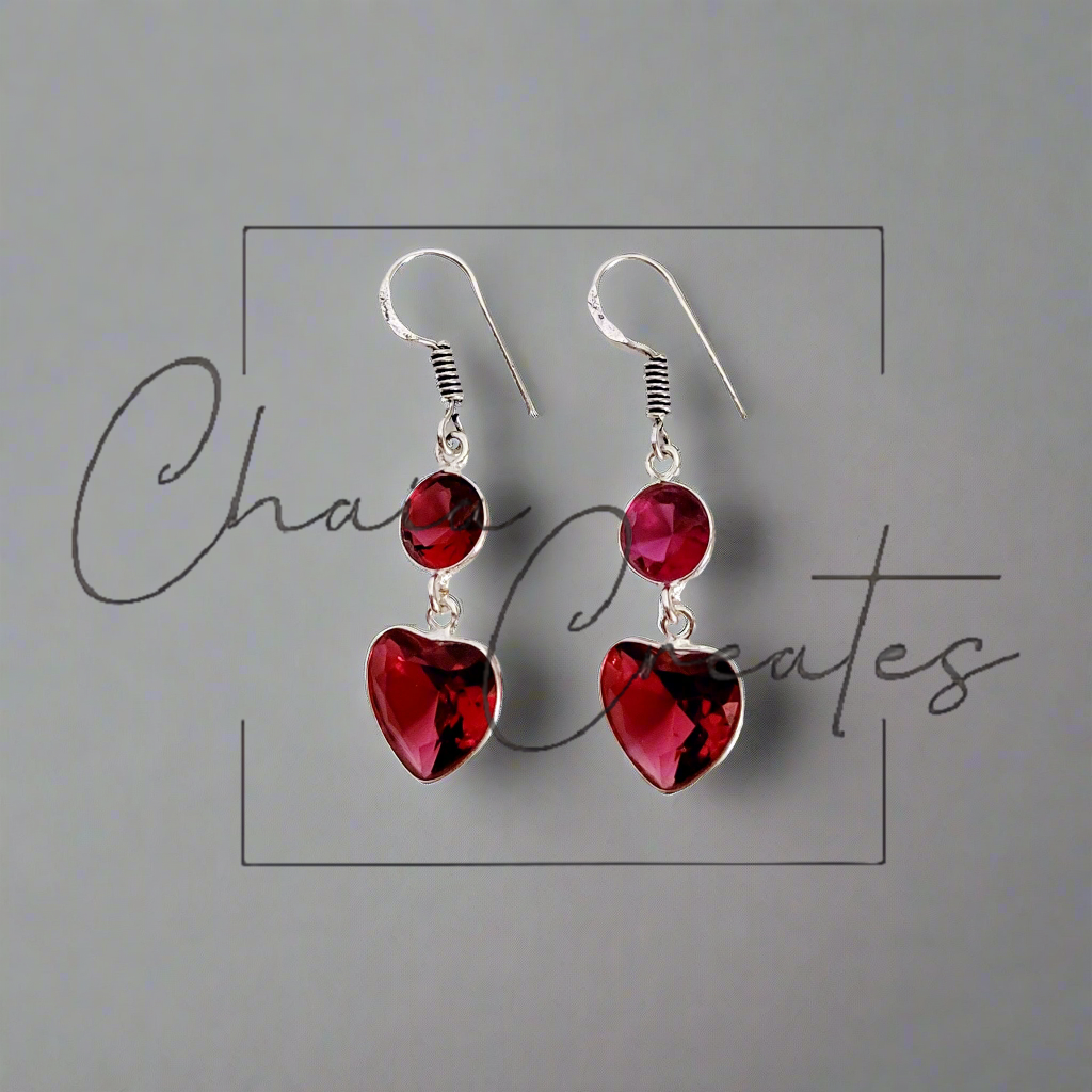 Garnet Heart Dangle Earrings in .925 Sterling Silver