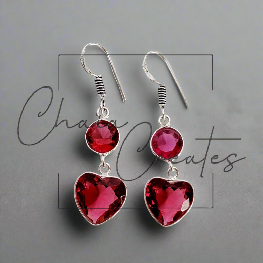 Garnet Heart Dangle Earrings in .925 Sterling Silver