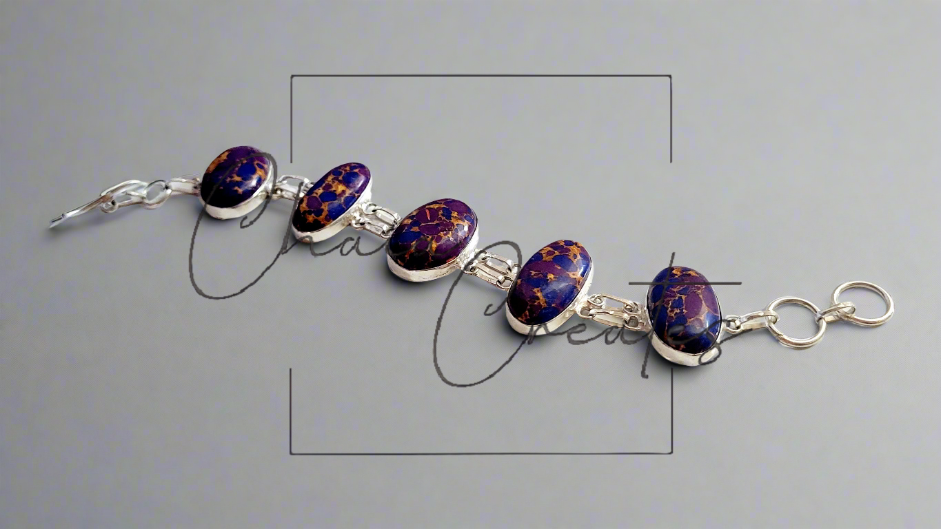 Rainbow Calsilica Purple Link Bracelet in .925 Sterling Silver