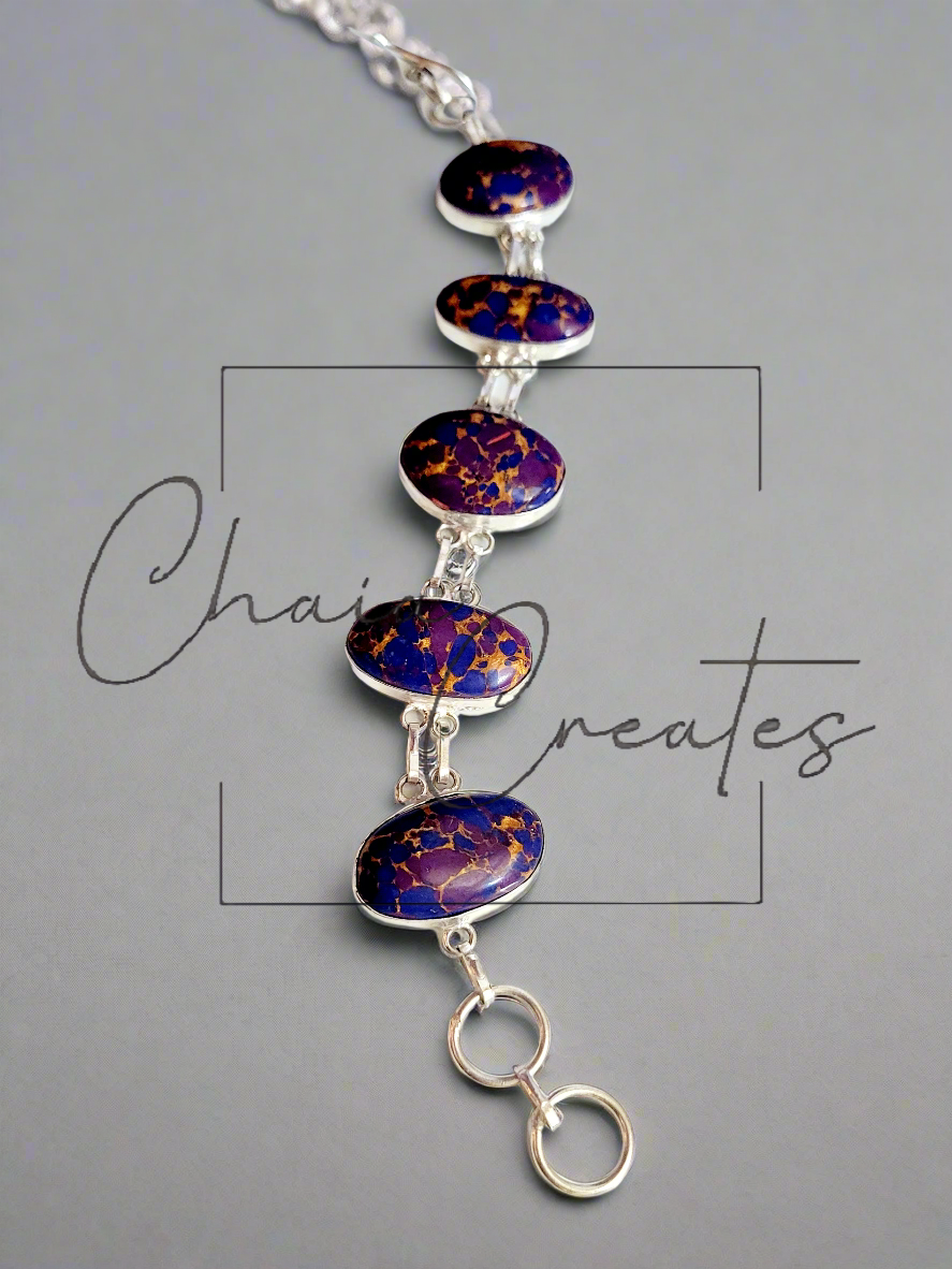 Rainbow Calsilica Purple Link Bracelet in .925 Sterling Silver