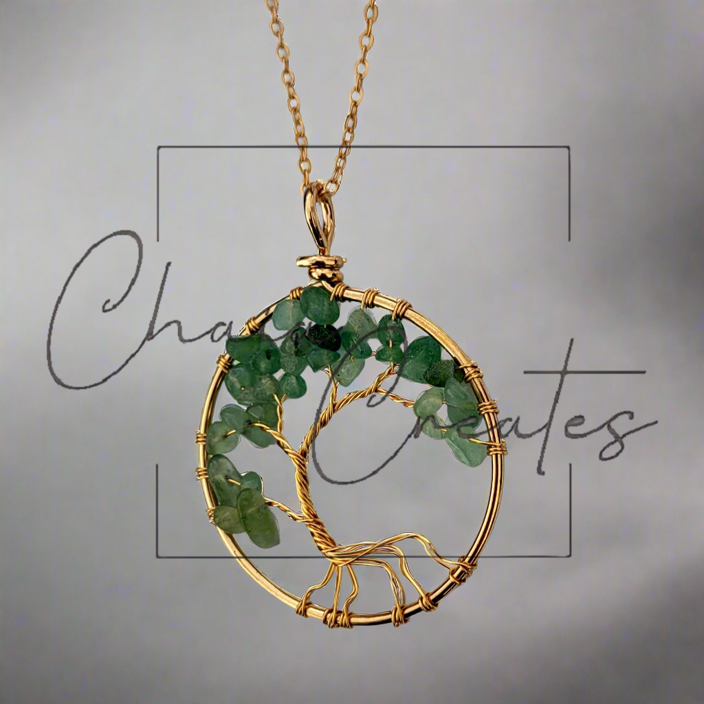 Green Aventurine Willow Tree Wire Wrapped Round Pendant Necklace