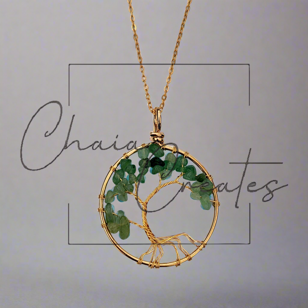 Green Aventurine Willow Tree Wire Wrapped Round Pendant Necklace