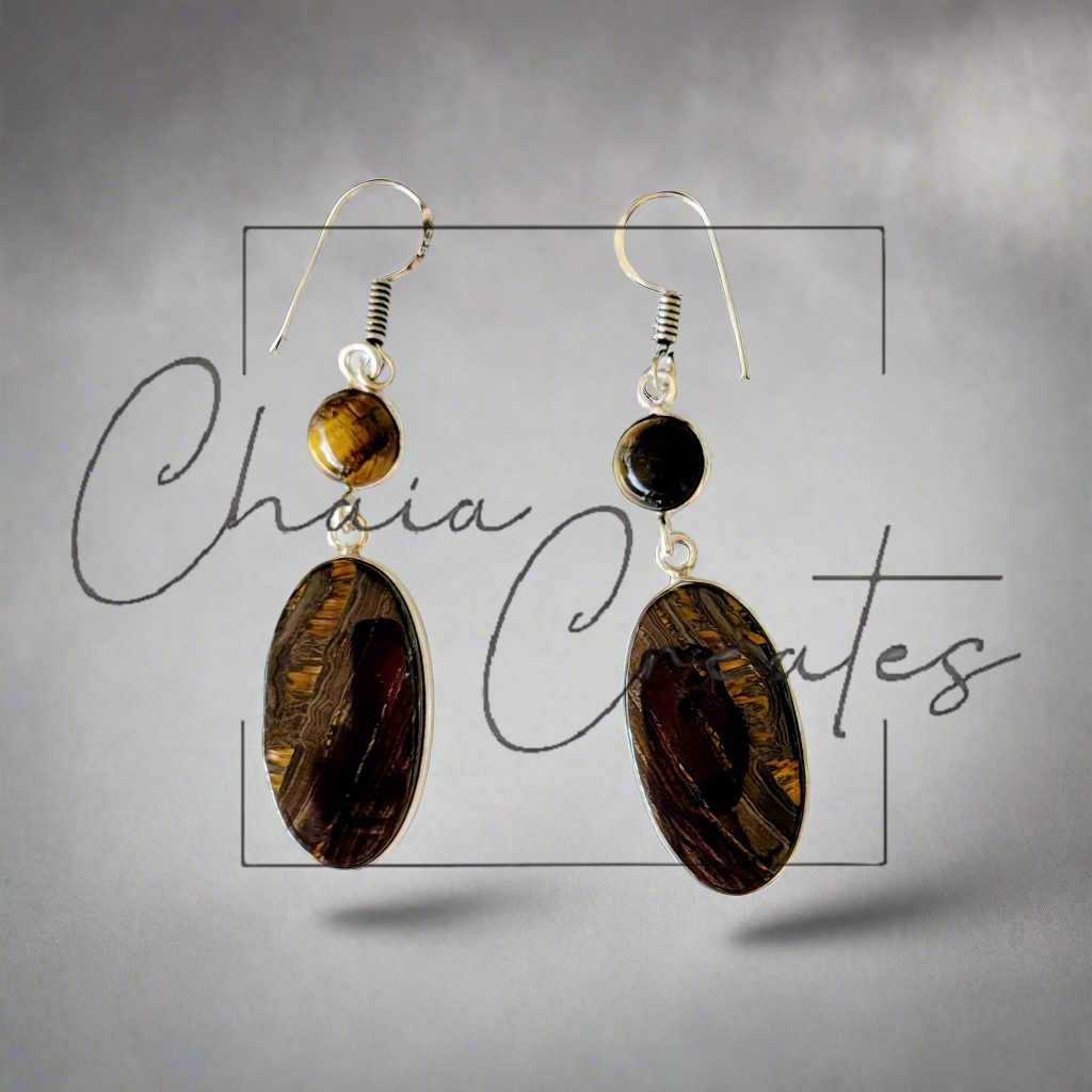 Tiger's Eye Oval and Round Stones Set in .925 Sterling Silver Earrings