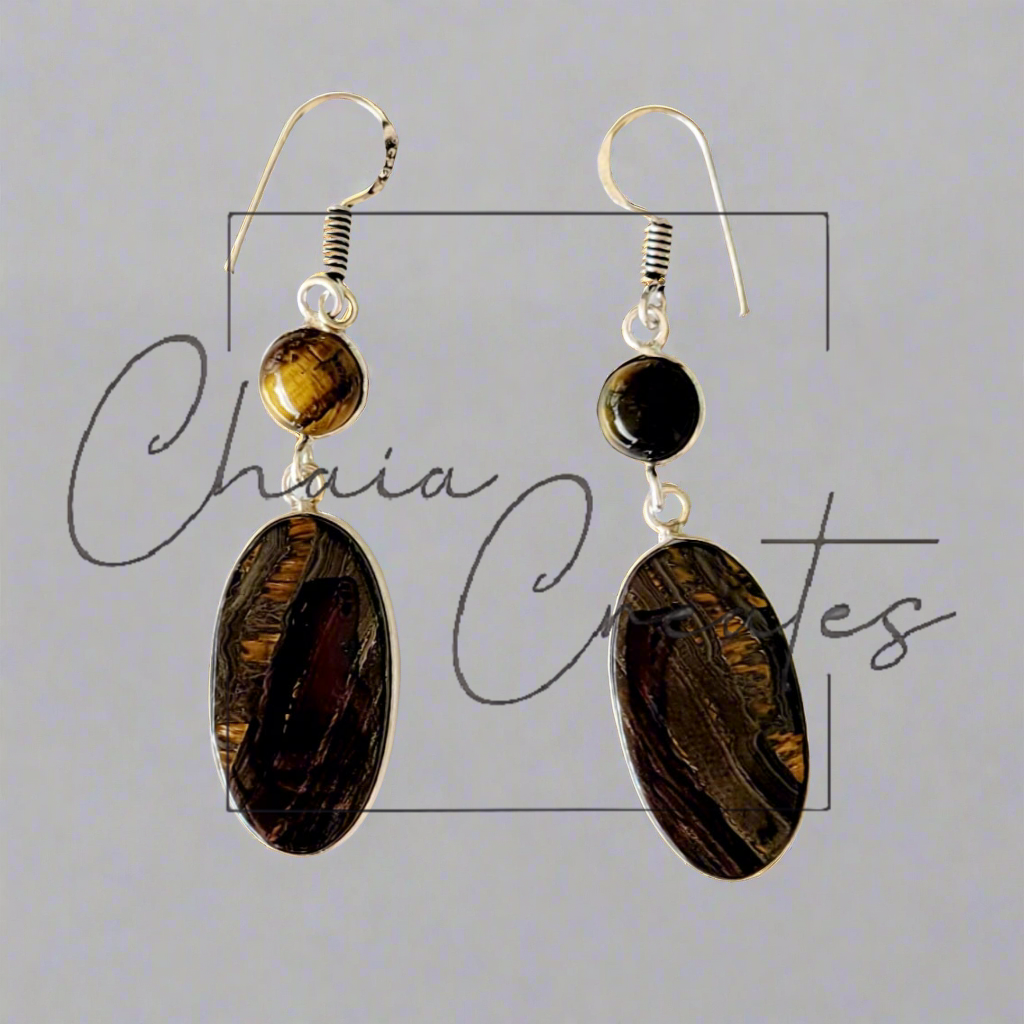 Tiger's Eye Oval and Round Stones Set in .925 Sterling Silver Earrings