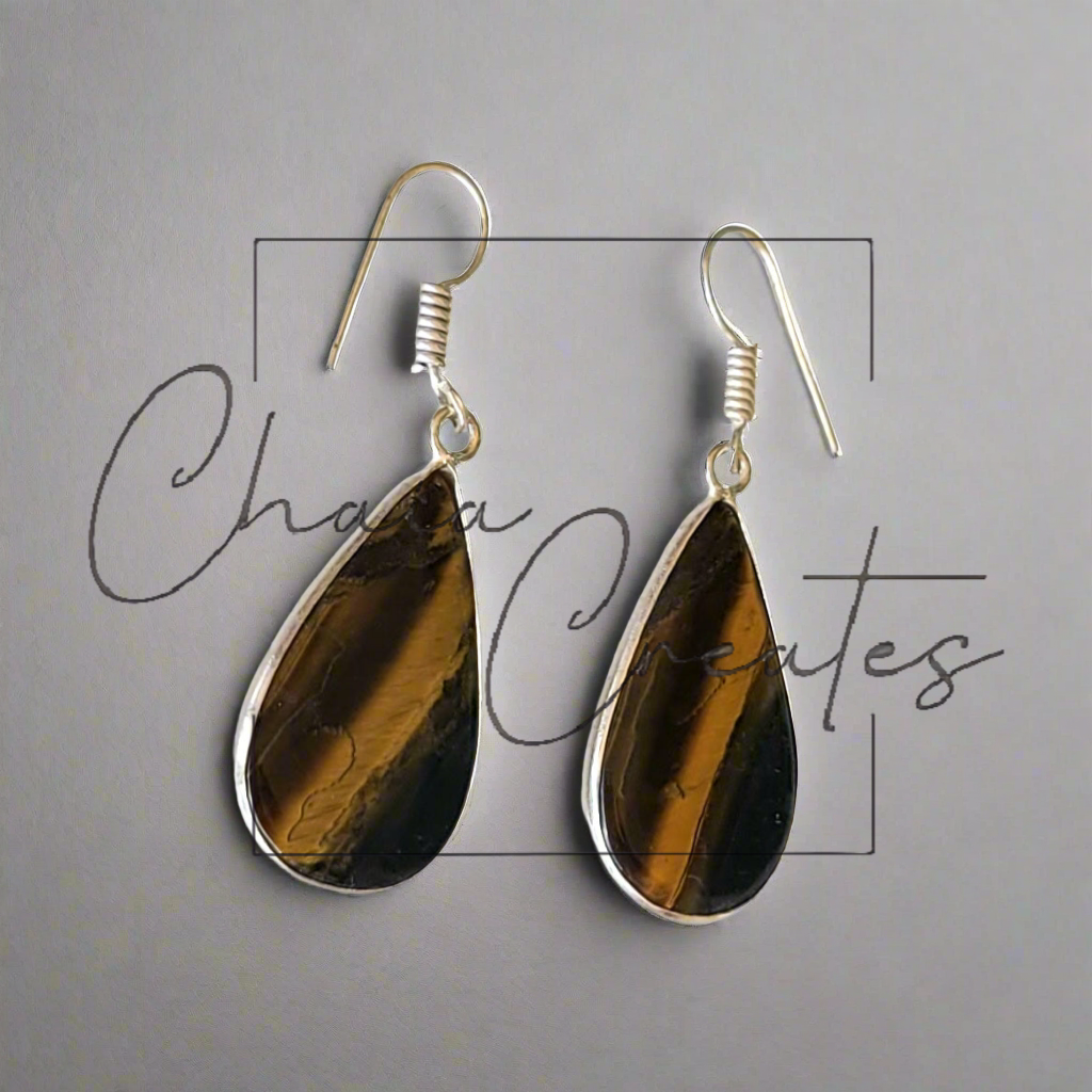 Tiger's Eye Teardrop Dangle Earrings in .925 Sterling Silver Handcrafted Jewelry