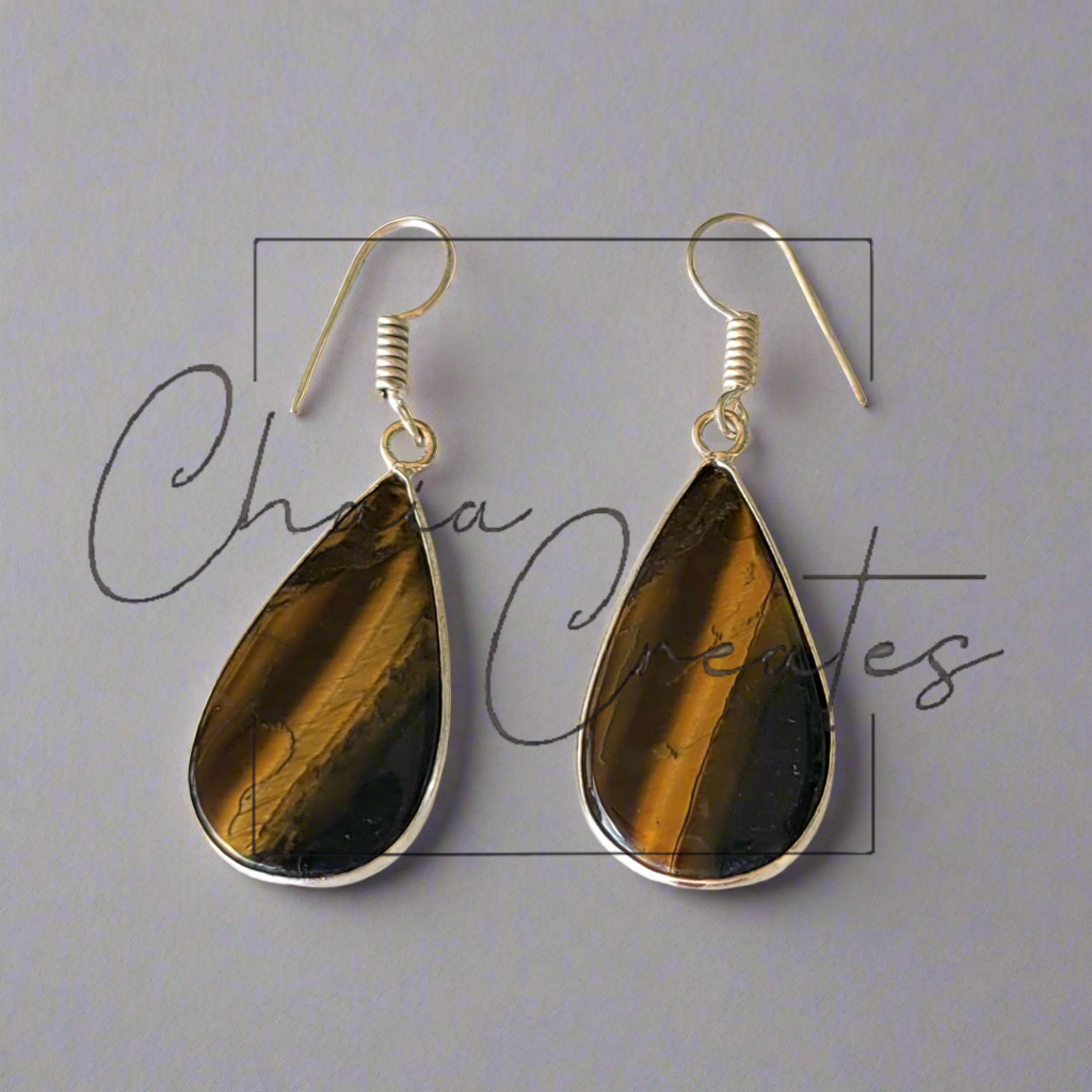 Tiger's Eye Teardrop Dangle Earrings in .925 Sterling Silver Handcrafted Jewelry