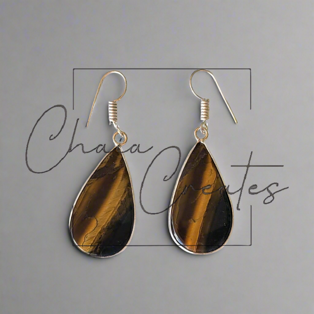 Tiger's Eye Teardrop Dangle Earrings in .925 Sterling Silver Handcrafted Jewelry