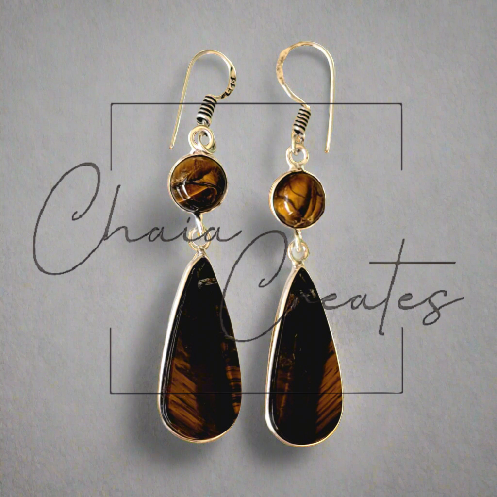 Tiger's Eye Round Gem over Teardrop in .925 Sterling Silver Dangle Earrings