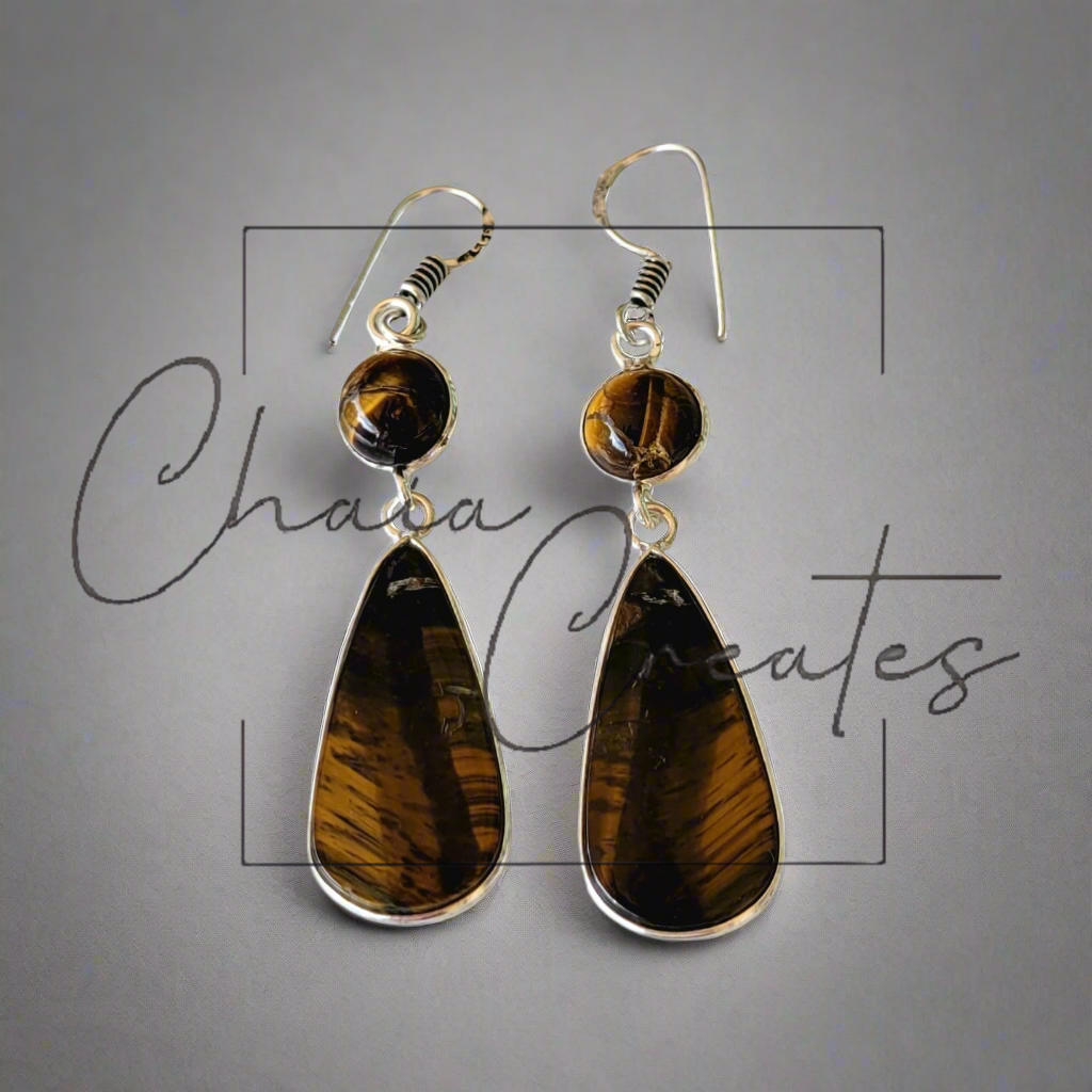 Tiger's Eye Round Gem over Teardrop in .925 Sterling Silver Dangle Earrings