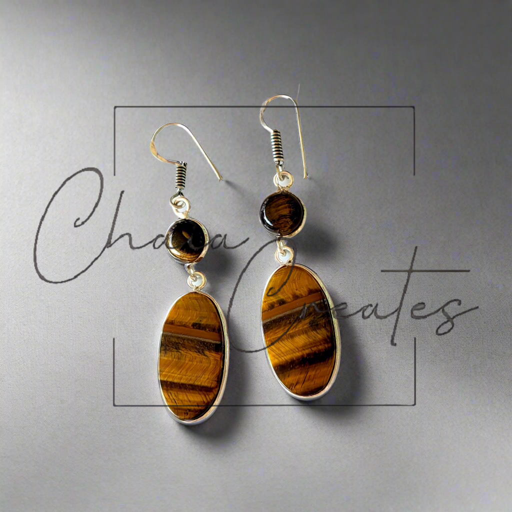 ER-84015 Tiger's Eye Oval and Round Dangle Sterling Silver Earrings