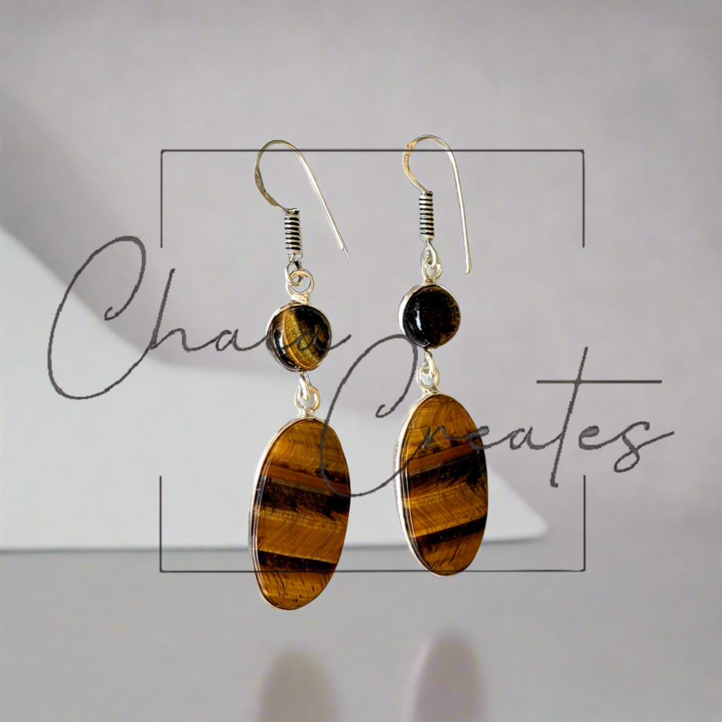 ER-84015 Tiger's Eye Oval and Round Dangle Sterling Silver Earrings