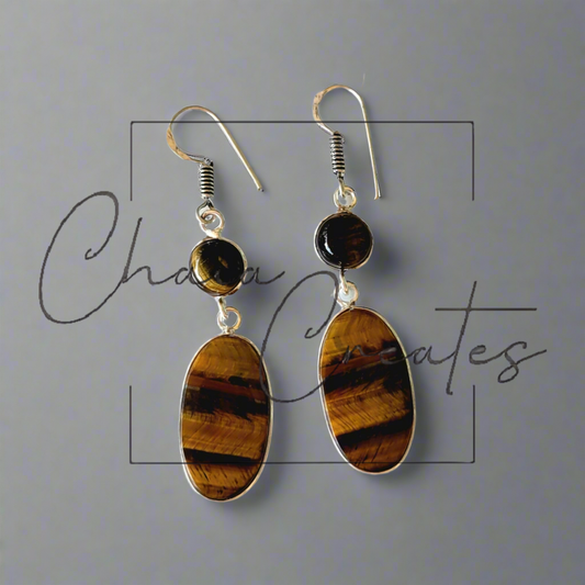 ER-84015 Tiger's Eye Oval and Round Dangle Sterling Silver Earrings