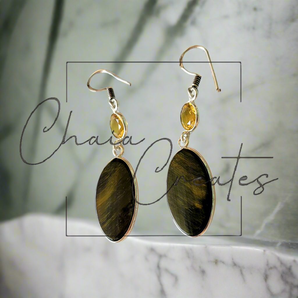 Tiger's Eye Ovals and Citrine Gems in Sterling Silver Dangle Earrings