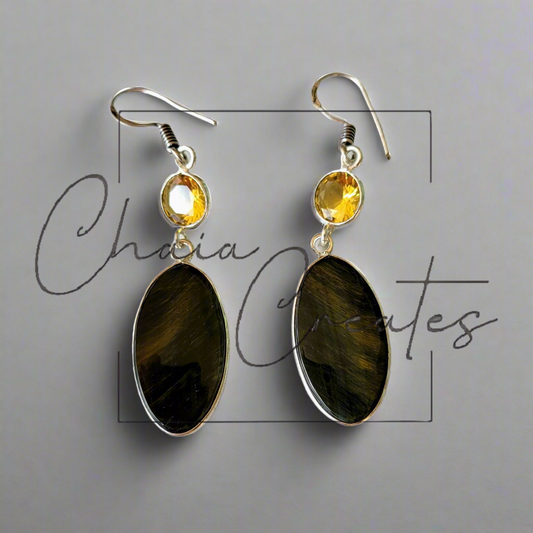 Tiger's Eye Ovals and Citrine Gems in Sterling Silver Dangle Earrings