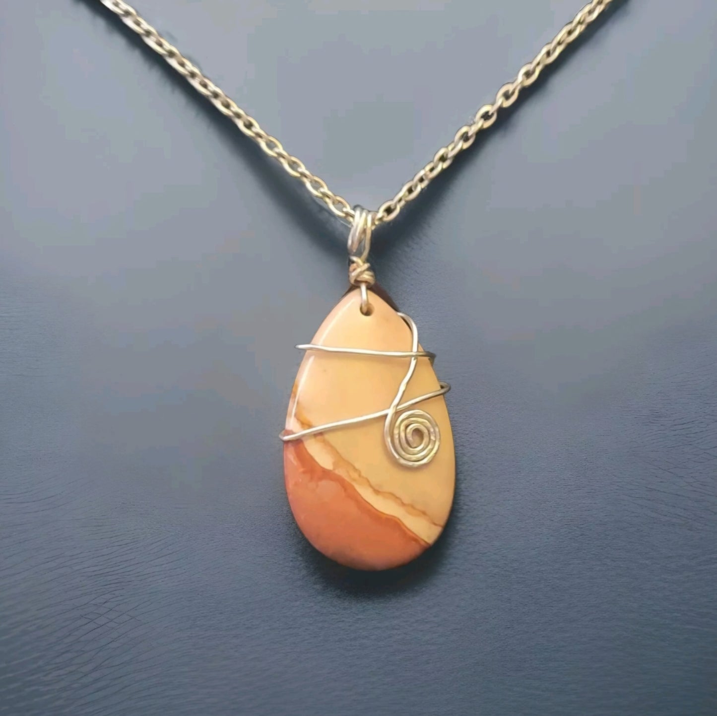 Polychrome Jasper Teardrop Pendant Wire Wrapped Stone Silver Link Necklace Handmade