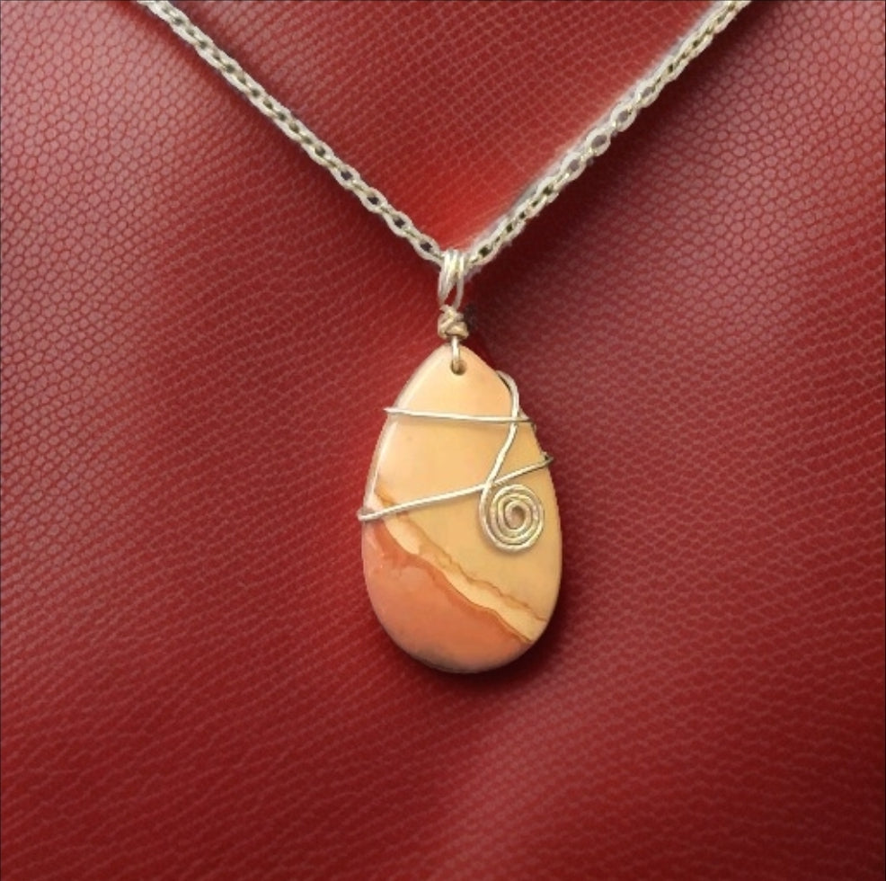 Polychrome Jasper Teardrop Pendant Wire Wrapped Stone Silver Link Necklace Handmade