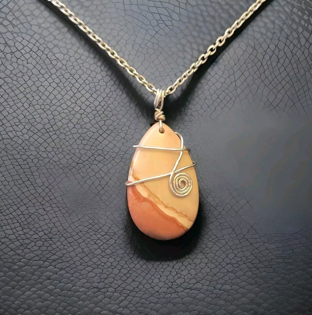 Polychrome Jasper Teardrop Pendant Wire Wrapped Stone Silver Link Necklace Handmade