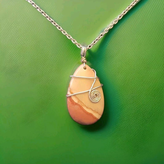 Polychrome Jasper Teardrop Pendant Wire Wrapped Stone Silver Link Necklace Handmade