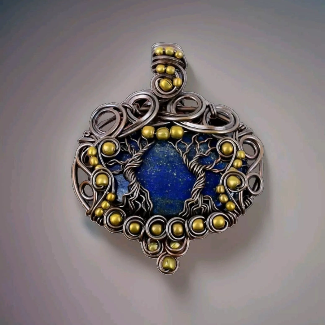 Double Tree Of Life Wire Wrap Beaded Necklace [Lapis Lazuli, Tiger's Eye]