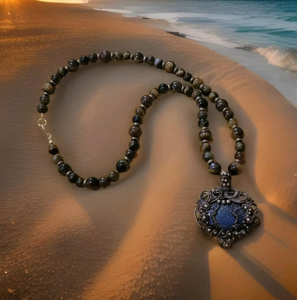 Double Tree Of Life Wire Wrap Beaded Necklace [Lapis Lazuli, Tiger's Eye]