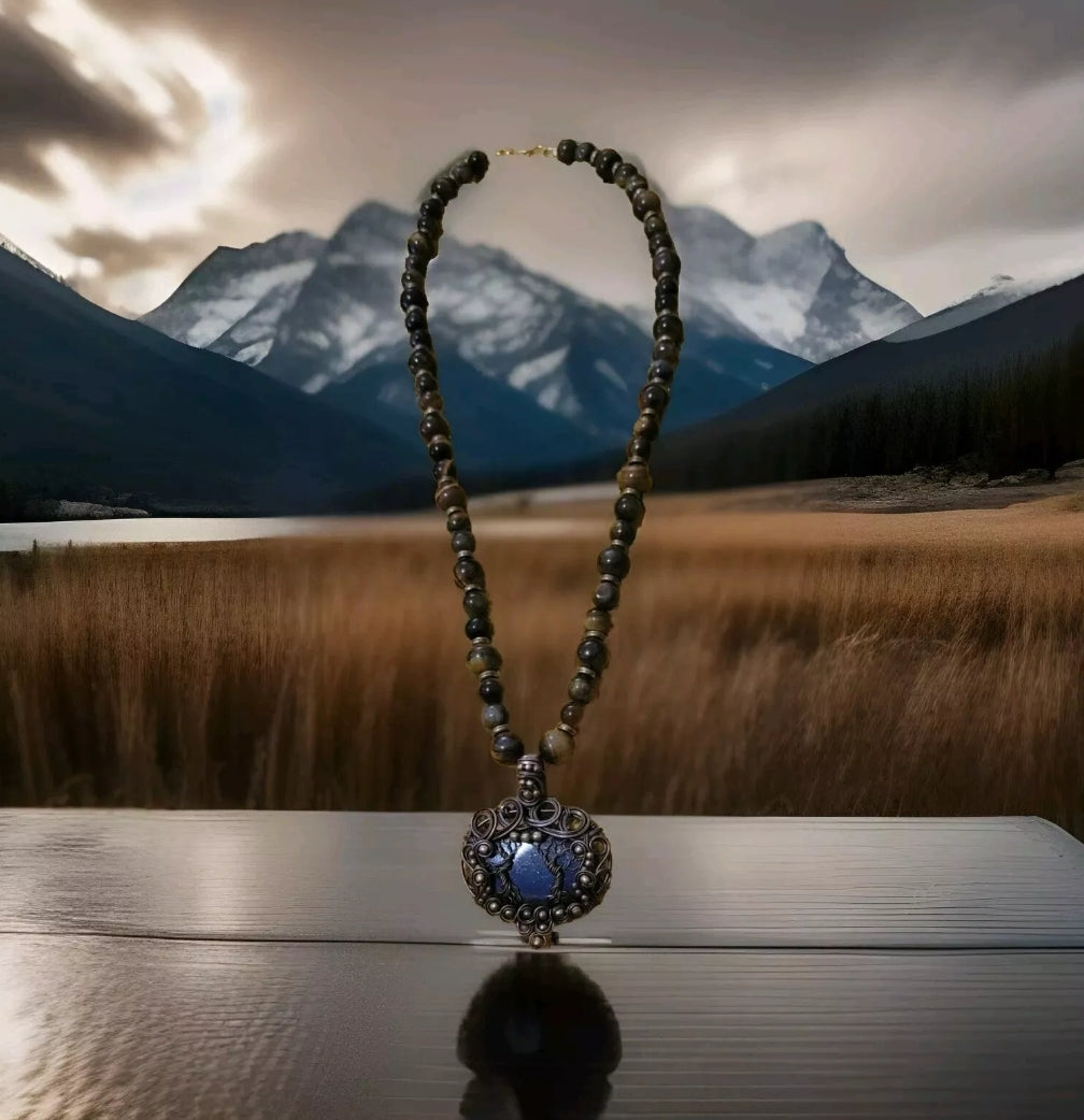 Double Tree Of Life Wire Wrap Beaded Necklace [Lapis Lazuli, Tiger's Eye]