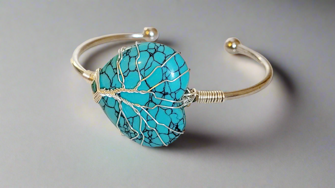 Blue Turquoise Heart Tree of Life Silver Wire Wrapped Metal Bangle Bracelet