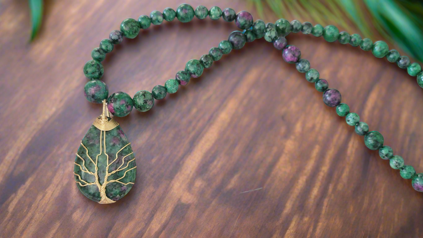 Water Droplet Tree of Life Pendant Beaded Necklace [Anyolite/Ruby in Zoisite]