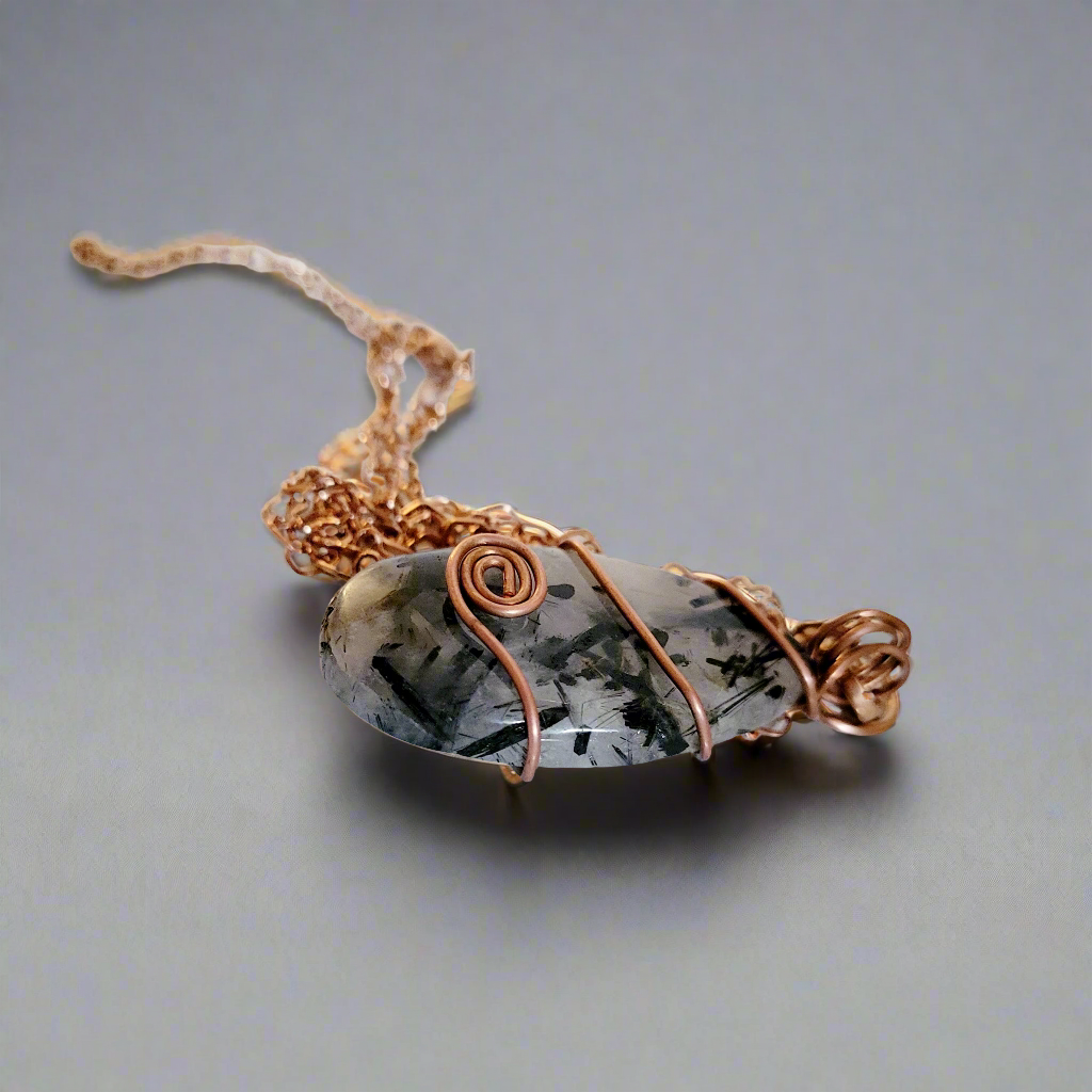 Rutilated Quartz Spirals Copper Wire Amulet Pendant Heart Link Necklace