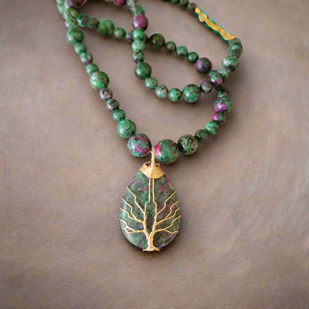 Water Droplet Tree of Life Pendant Beaded Necklace [Anyolite/Ruby in Zoisite]