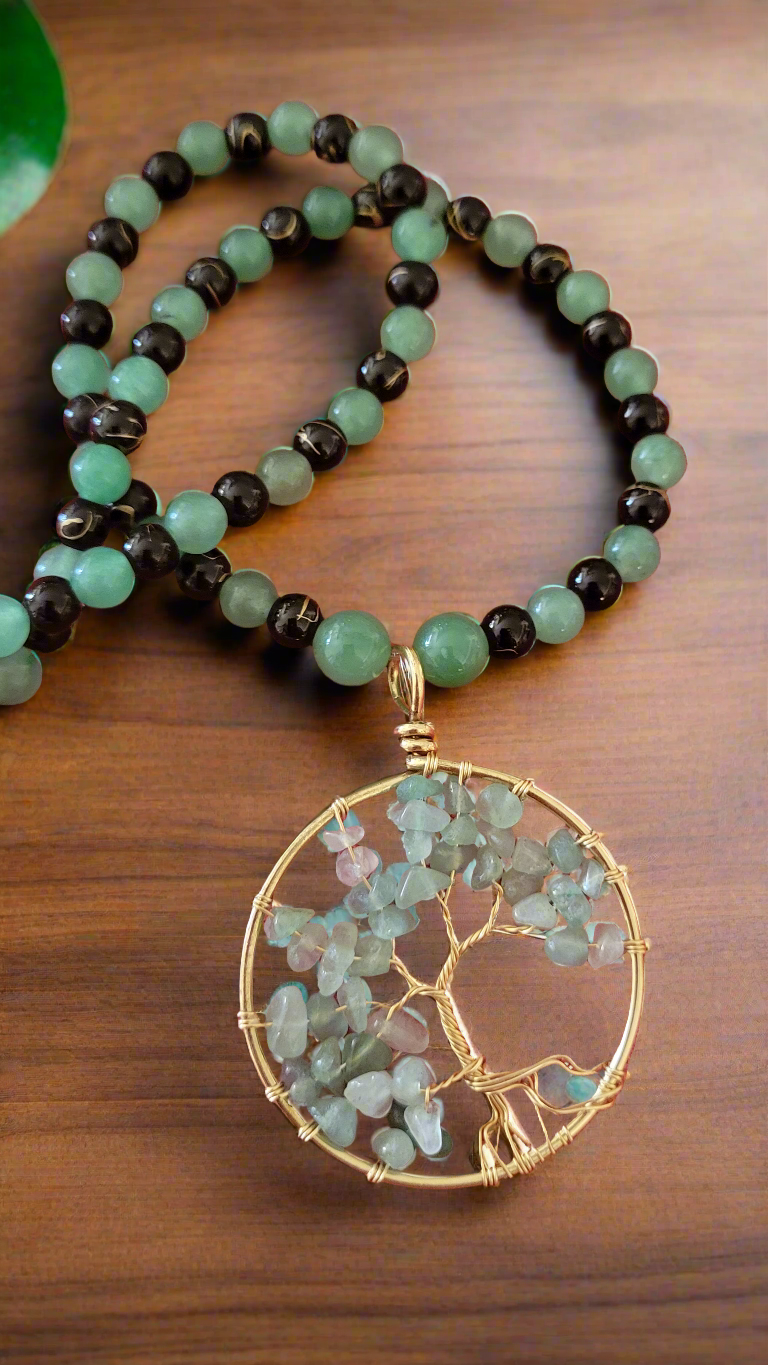 Tree of Life Amulet Pendant Beaded Necklace - Green Aventurine & Black Agate