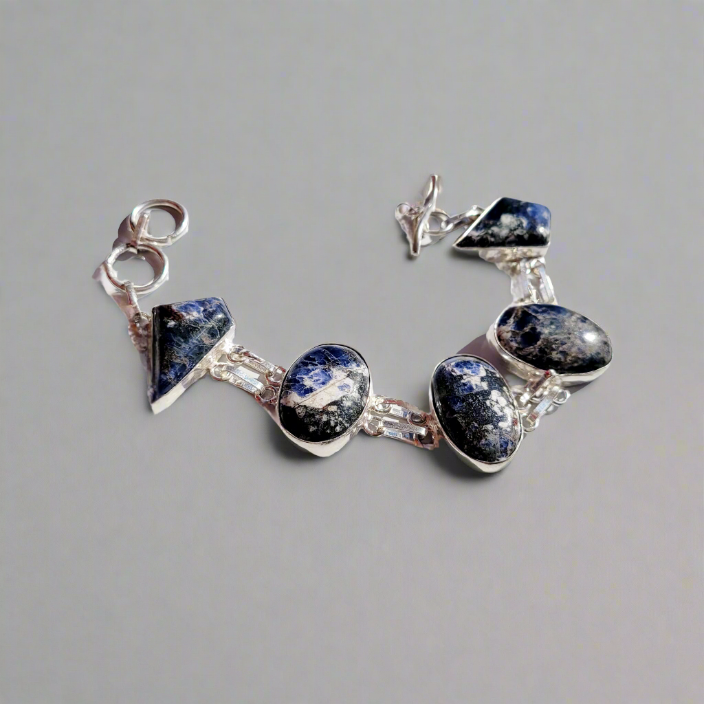 Sodalite Ovals Sterling Silver Double Link Statement Bracelet