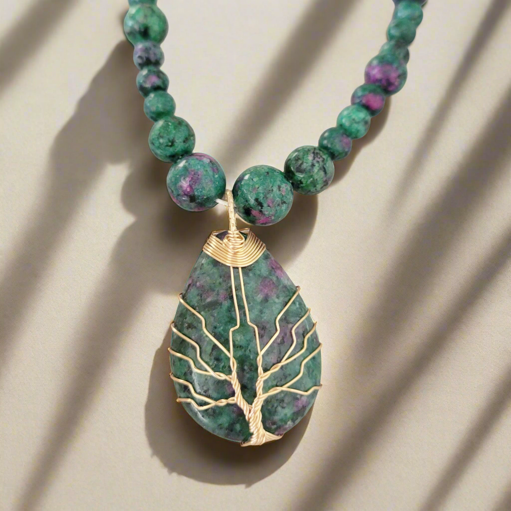 Water Droplet Tree of Life Pendant Beaded Necklace [Anyolite/Ruby in Zoisite]