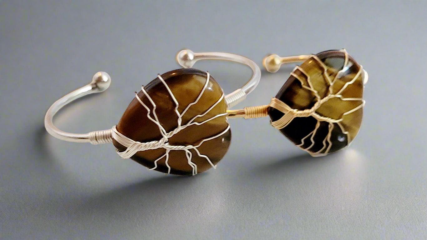 Tree of Life Wire Wrapped Tiger's Eye Heart Bangle Bracelet