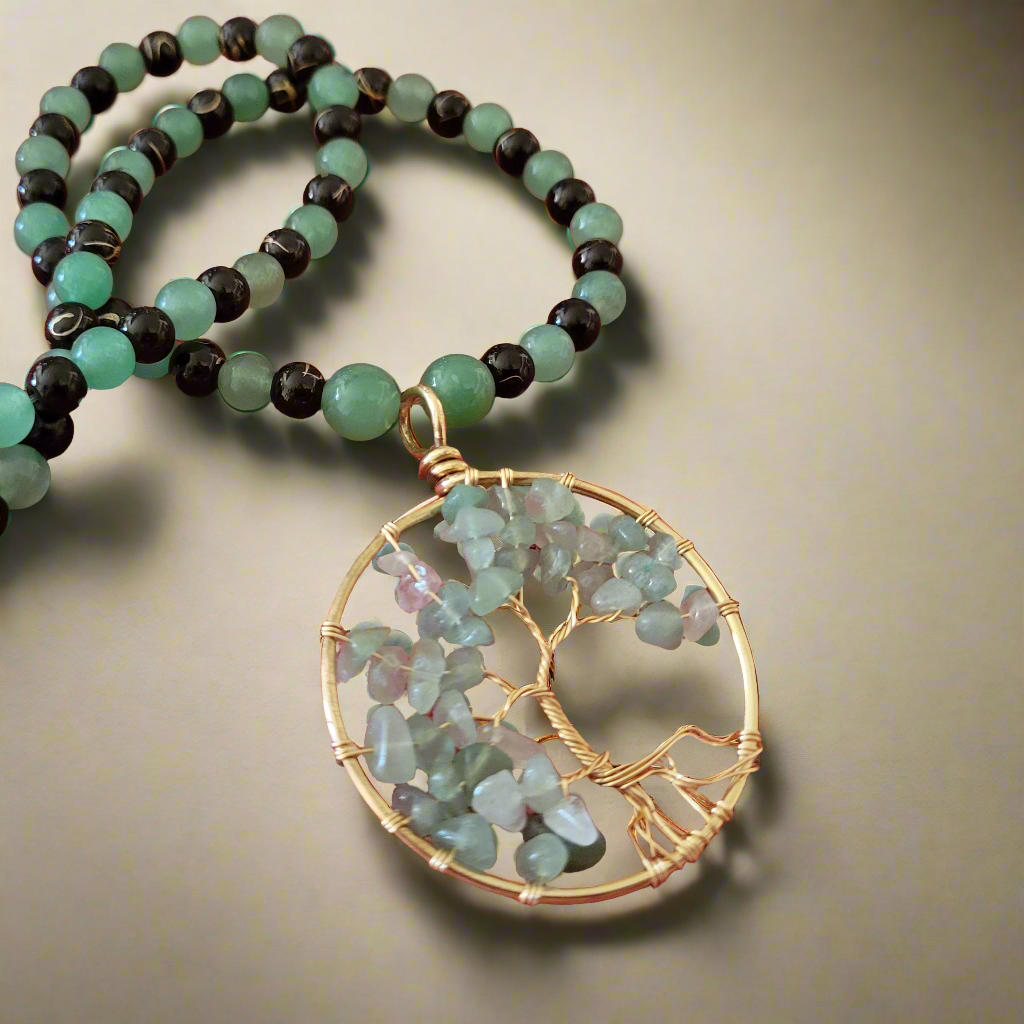 Tree of Life Amulet Pendant Beaded Necklace - Green Aventurine & Black Agate