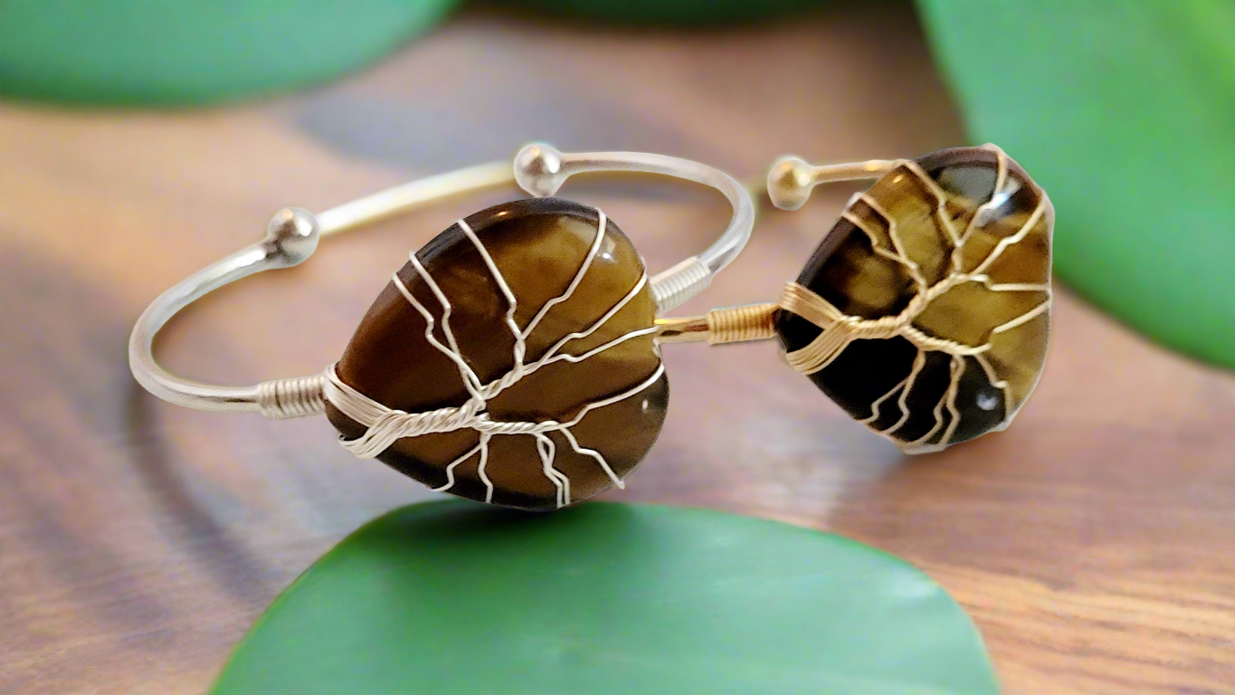 Tree of Life Wire Wrapped Tiger's Eye Heart Bangle Bracelet