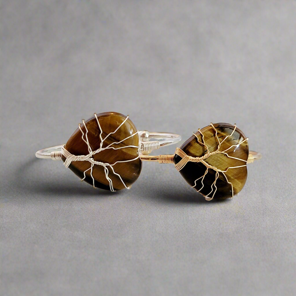 Tree of Life Wire Wrapped Tiger's Eye Heart Bangle Bracelet