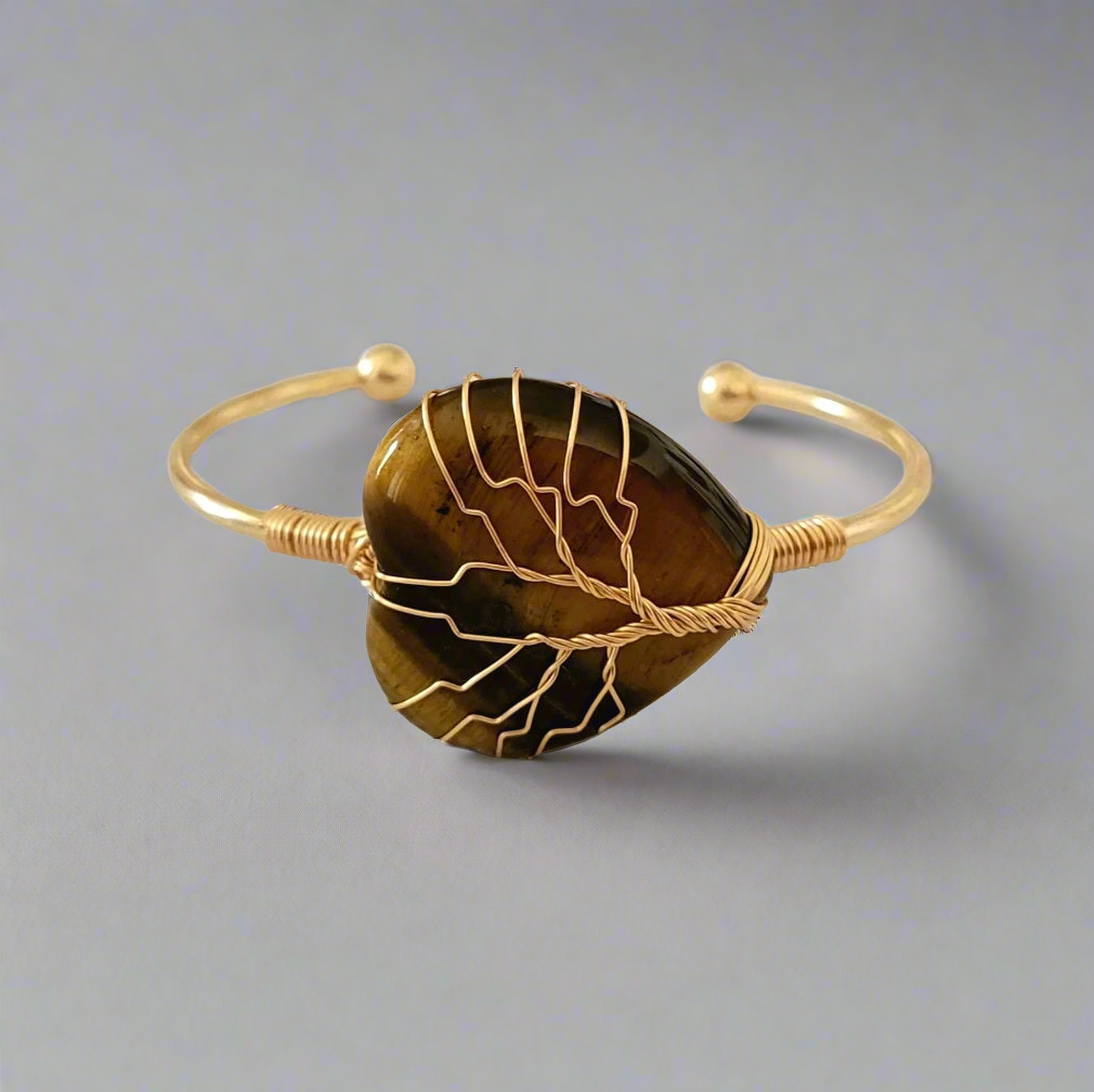 Tree of Life Wire Wrapped Tiger's Eye Heart Bangle Bracelet