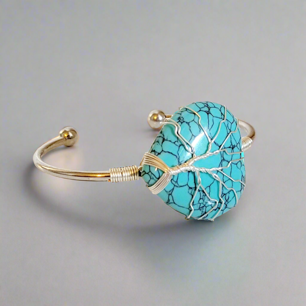 Blue Turquoise Heart Tree of Life Silver Wire Wrapped Metal Bangle Bracelet