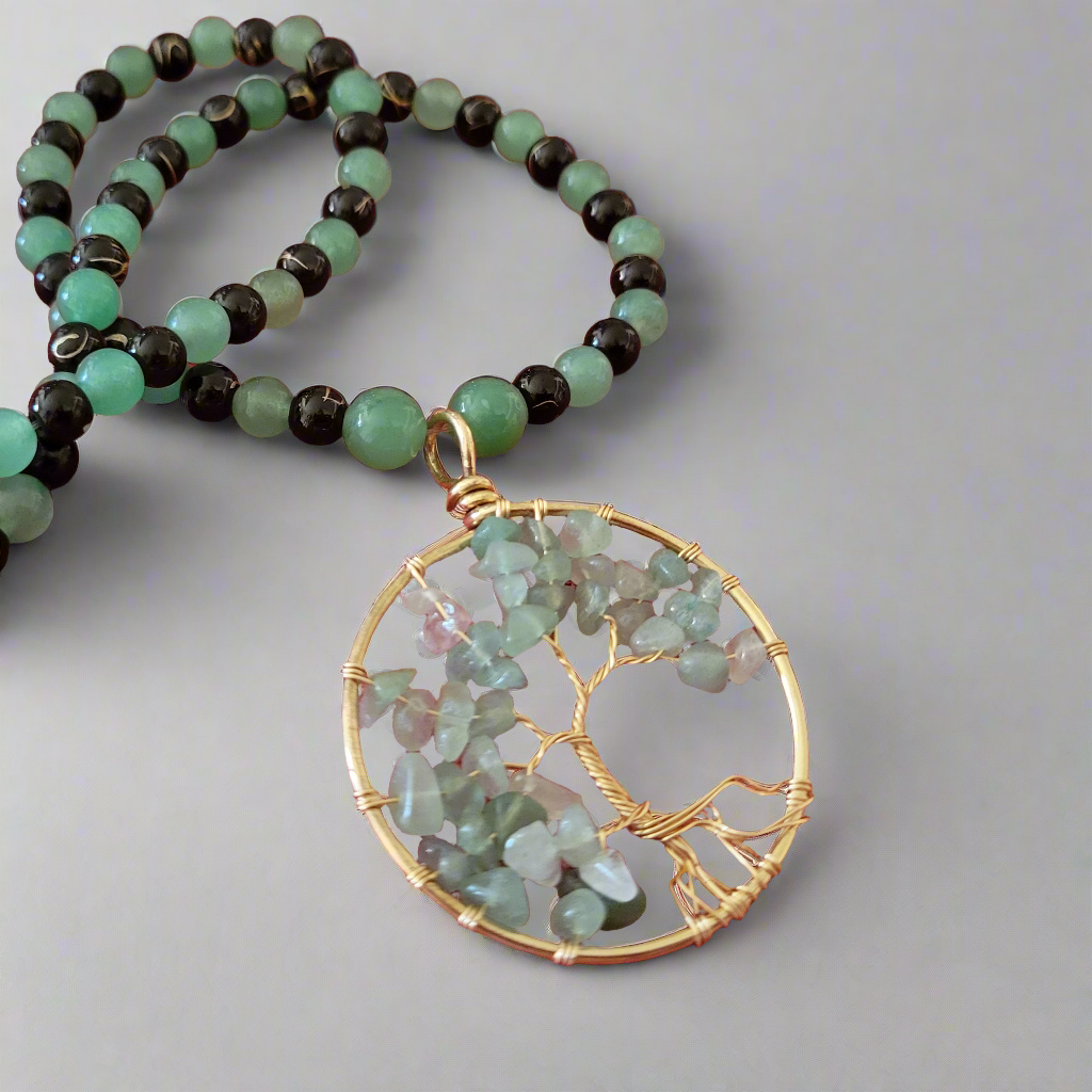 Tree of Life Amulet Pendant Beaded Necklace - Green Aventurine & Black Agate