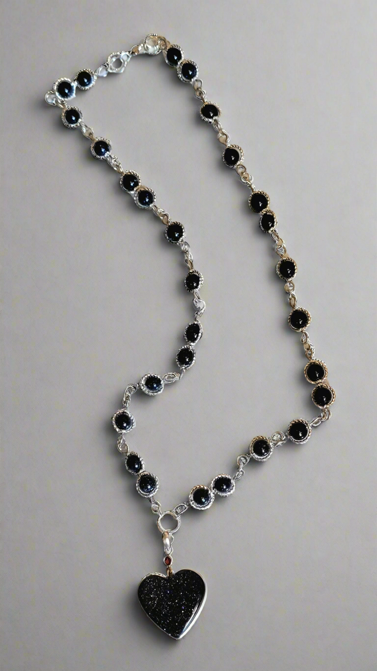 Sunstone in Iolite Heart & Garnet 925 Sterling Silver Pendant on Blue Sandstone Beaded Necklace