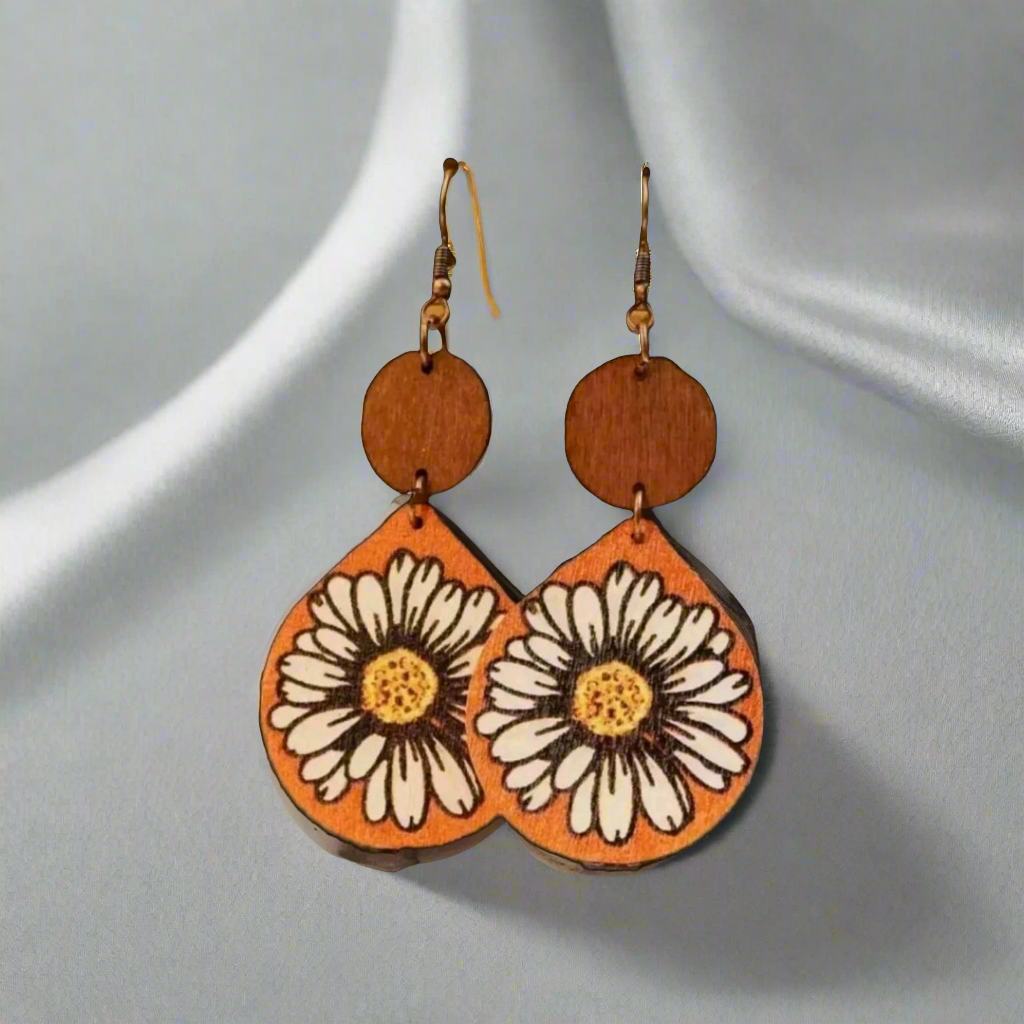 Orange Yellow Embossed Flower Daisy Wooden Earrings Vintage Retro Boho Bohemian