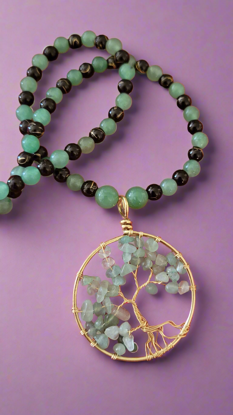 Tree of Life Amulet Pendant Beaded Necklace - Green Aventurine & Black Agate