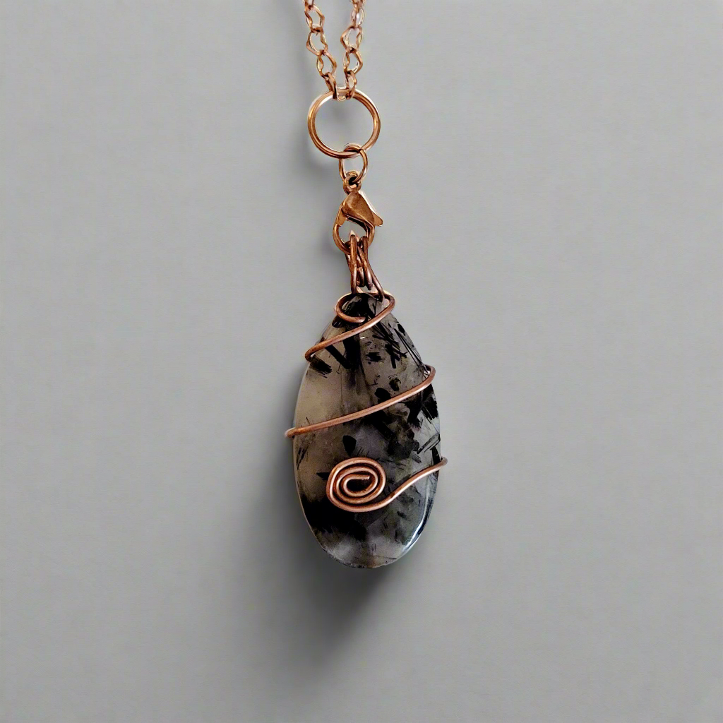 Rutilated Quartz Spirals Copper Wire Amulet Pendant Heart Link Necklace