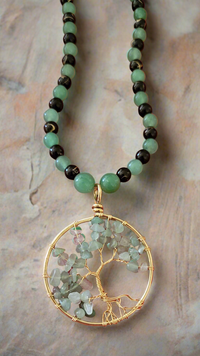 Tree of Life Amulet Pendant Beaded Necklace - Green Aventurine & Black Agate