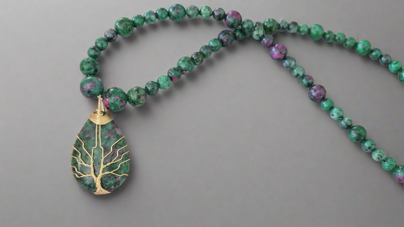 Water Droplet Tree of Life Pendant Beaded Necklace [Anyolite/Ruby in Zoisite]