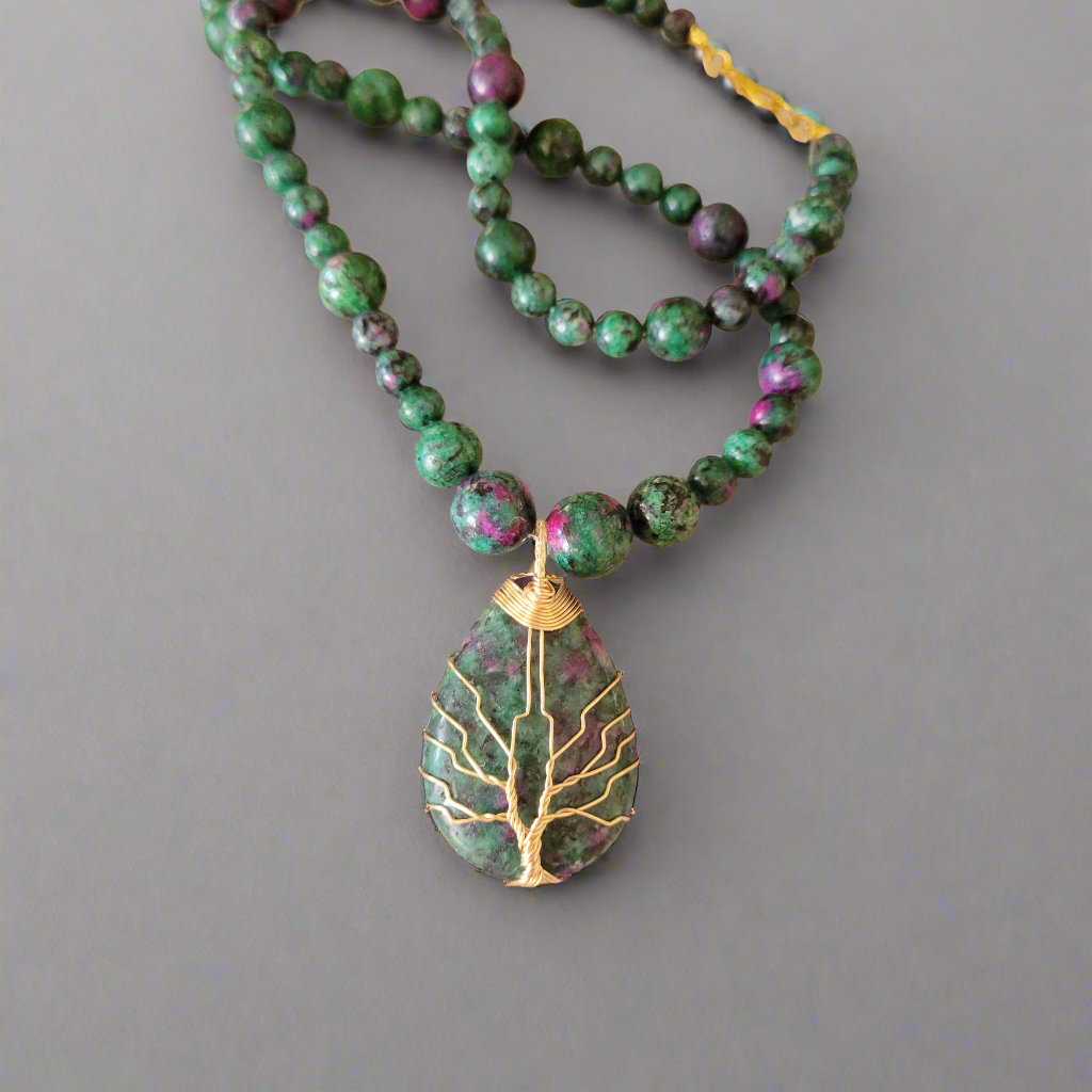 Water Droplet Tree of Life Pendant Beaded Necklace [Anyolite/Ruby in Zoisite]