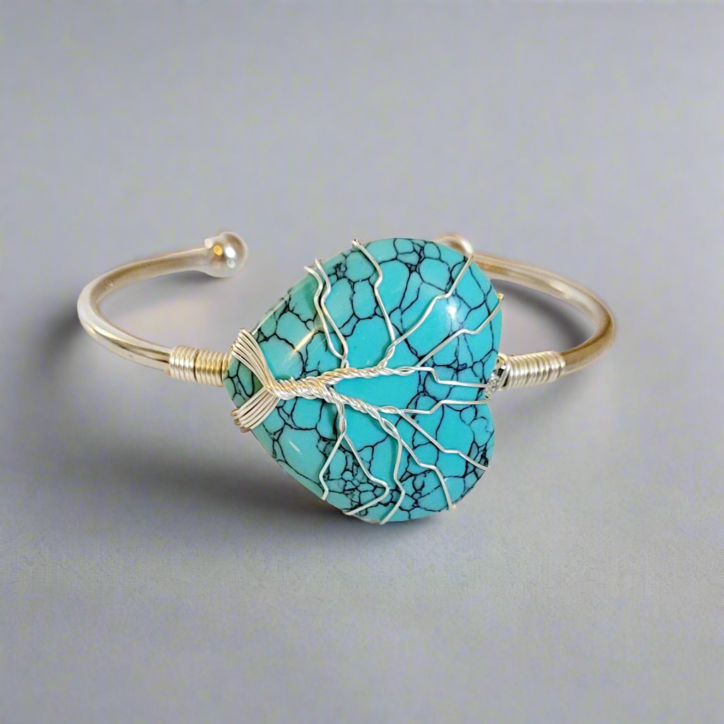 Blue Turquoise Heart Tree of Life Silver Wire Wrapped Metal Bangle Bracelet