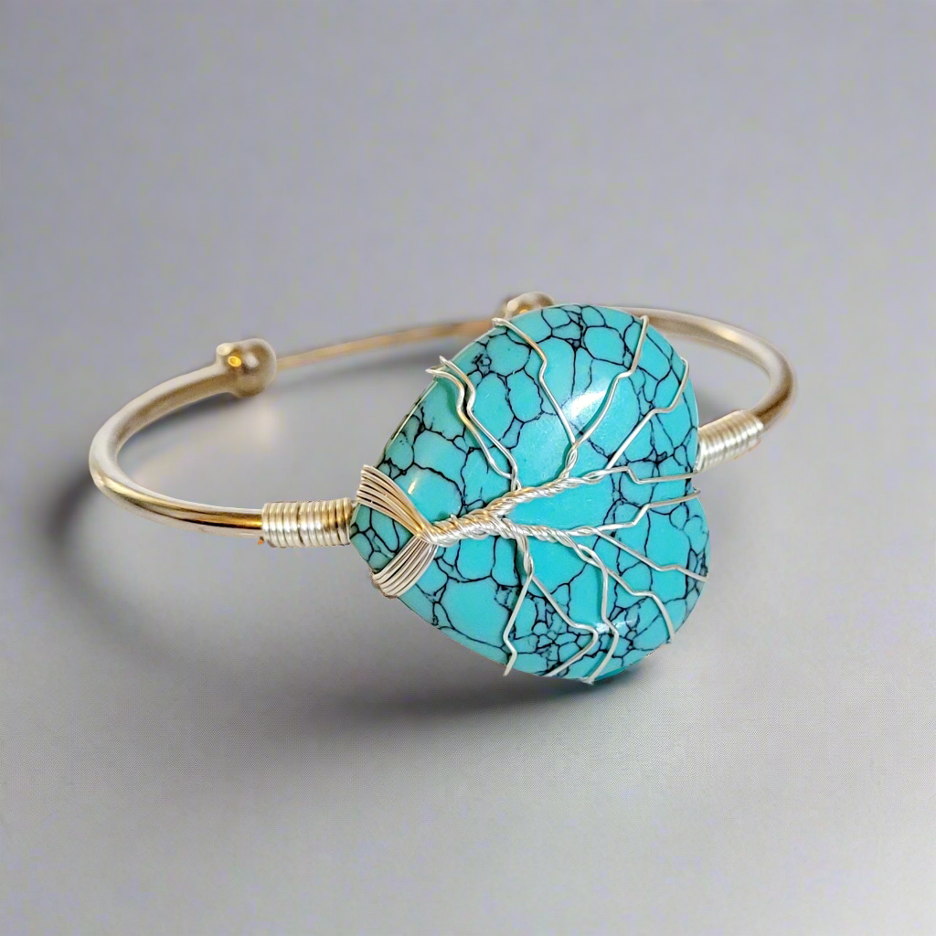 Blue Turquoise Heart Tree of Life Silver Wire Wrapped Metal Bangle Bracelet