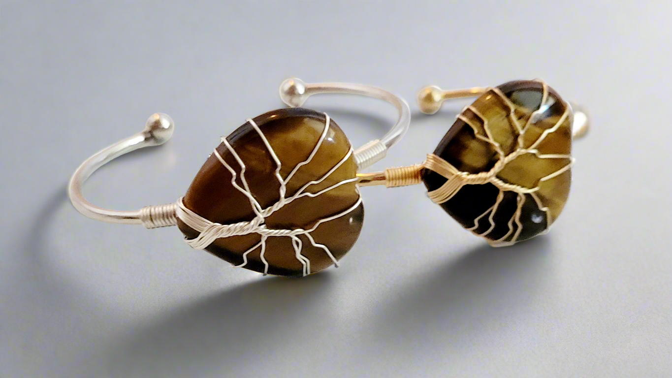 Tree of Life Wire Wrapped Tiger's Eye Heart Bangle Bracelet