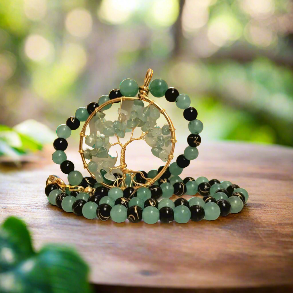 Tree of Life Amulet Pendant Beaded Necklace - Green Aventurine & Black Agate